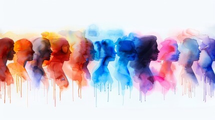 Abstract colorful watercolor painting with silhouette profiles of different people in a row.