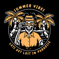 vector illustration of a skull on holiday at the beach