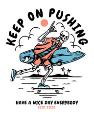 vector illustration of a skull riding a skateboard and carrying a surfboard © mukhlis