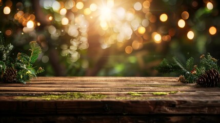 An empty rustic wooden table with a blurred green background adorned with warm bokeh lights and pine branches. - Powered by Adobe