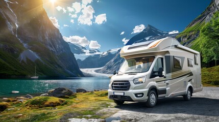 A camper parked by a serene lake with mountains in the background and a clear sky above.