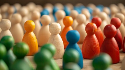 Naklejka premium Colorful wooden figures standing in groups, signifying diversity and unity with a blurred background.
