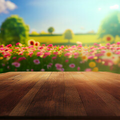 Wooden Table in Front of Field of Flowers 3d illustration. Table is made of weathered wood and has a rustic charm. The field of flowers is in full bloom, with a variety of colors on display