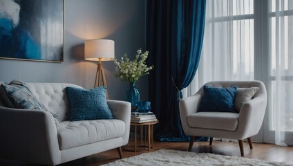 Picture a modern living room with a white armchair, blue throw blanket, and cushions by sheer curtains.