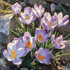 Naklejka premium In a delicate dance of springtime hues, pink and white crocus flowers emerge from the earth like ethereal brushstrokes on nature's canvas.