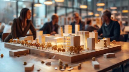 A detailed scale model of a real estate development on a table with people examining it in a well-lit office.