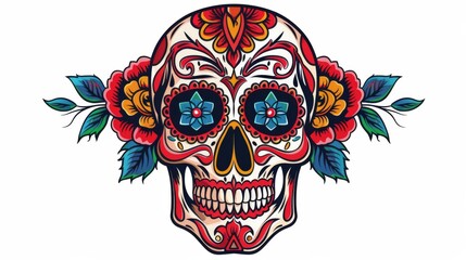 Colorful illustration of a Mexican sugar skull decorated with floral patterns, symbolizing Dia de Muertos.