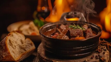 Beef Bourguignon served in a cast iron pot, garnished with herbs, accompanied by slices of bread, with a warm, rustic ambiance.