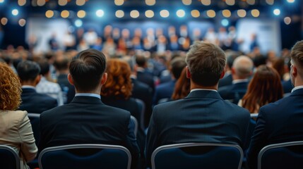 Back view of an audience in a conference hall, focused on a presentation or speaker.