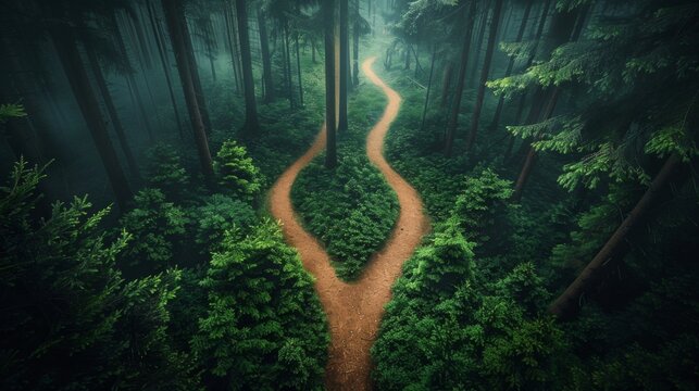 A winding path splits into two directions in a misty, dense forest, symbolizing a choice or decision point.