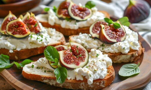 toasts with goat cheese foam and pink inside green peel figs, Generative AI
