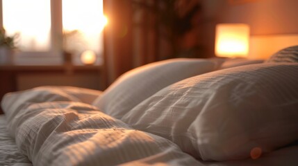 Warm sunlight illuminates a cozy, messy bed with white sheets and pillows, creating a tranquil atmosphere.