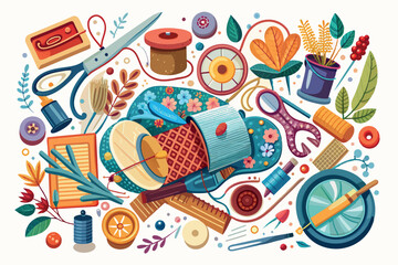 various sewing and craft supplies. These include spools of thread, needles, scissors, buttons, thimble, pins, tape measure, fabric swatches, and leaves and floral decorations.