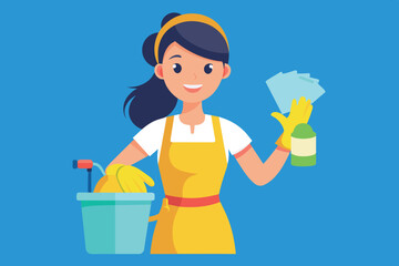 A girl in a belted apron holding a spray bottle and a rag. it symbolizes hygiene, cleanliness and housework.