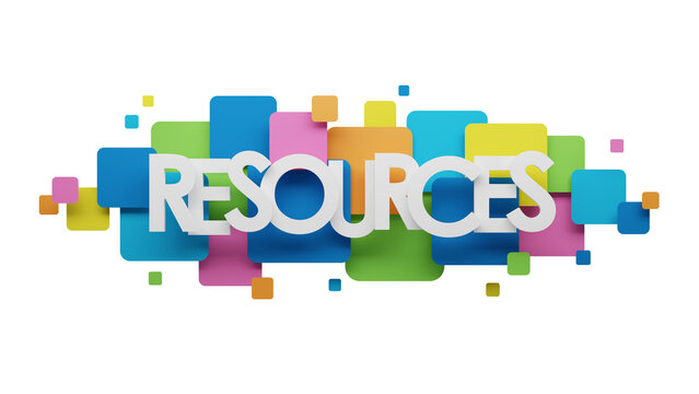 3D render of RESOURCES banner on colorful squares with transparent background