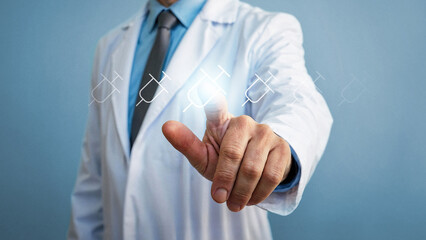 Doctor pressing virtual syringe icon, digital vaccination services and medical technology, modern healthcare interface for efficient and secure administration of vaccines