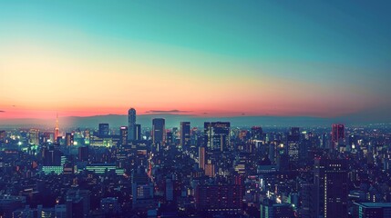 Obraz premium A serene city skyline at dusk, with colorful lights illuminating the buildings and space for text above, Generative AI