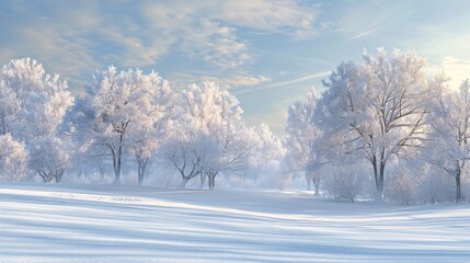 Obraz premium A serene winter landscape with snow-covered trees and a soft blue sky, providing a serene background for text placement, Generative AI