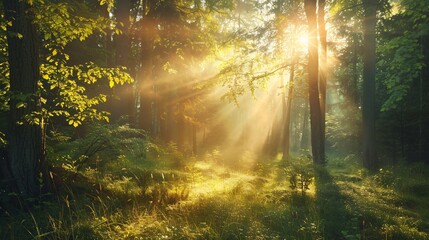 Obraz premium A misty morning in a tranquil forest, with sun rays filtering through the trees and space above for text, Generative AI