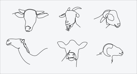 One continuous line drawing of heads of cow, goat, camel and sheep. Concept of farm animal, muslim holiday eid adha, livestock. Editable stroke. Vector illustration.