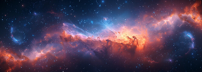 Digital artwork depicting vibrant cosmic landscape filled with swirling nebulae and scattered stars. Background panorama