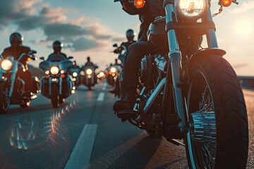 A group of motorcycle riders cruise down a deserted highway at sunset. Generative AI