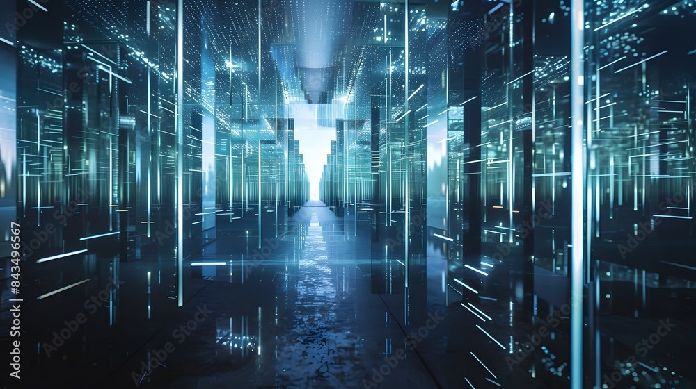 Poster privacy tech visualized as a fortress of mirrors reflecting data streams