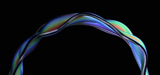 Abstract design, wavy iridescent shape on black background, 3d render