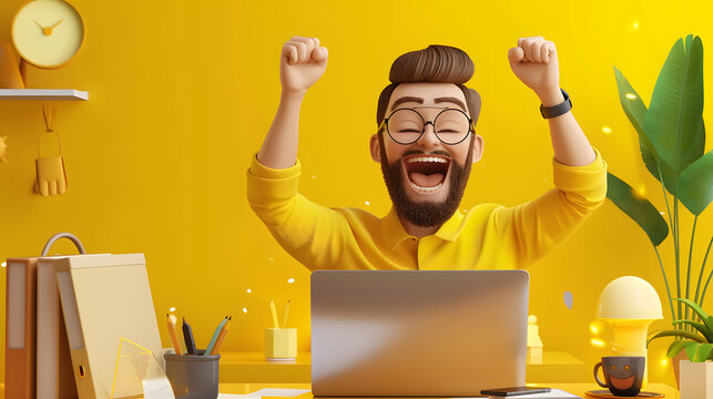 3d cartoon happy young man with laptop celebrating success at office. yellow color background 