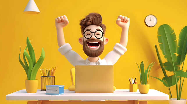 3d cartoon happy young man with laptop celebrating success at office. yellow color background 