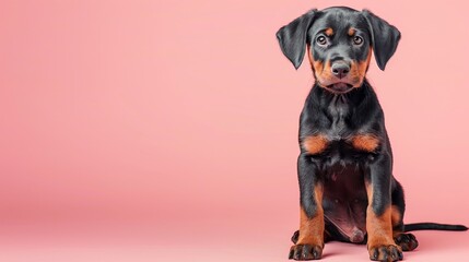Obraz premium A playful Doberman puppy sitting on a solid pastel salmon background with space above for text