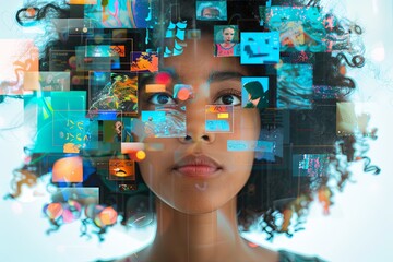 Thought bubbles filled with images and text above a person's head.