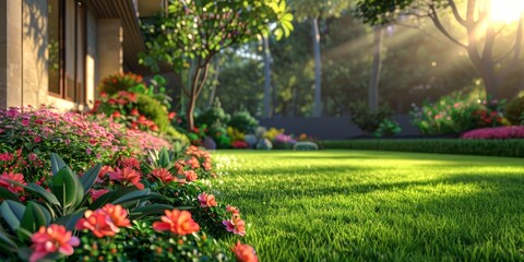 Bright sunlight over a lush green lawn with flowering plants at a country house, neatly trimmed lawn