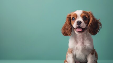 A happy Cavalier King Charles Spaniel puppy sitting on a solid light green background with space above for text