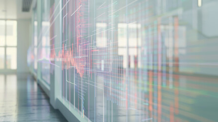 A high-tech corridor lined with translucent screens displaying dynamic digital graphs and data streams, creating a futuristic workspace ambiance.