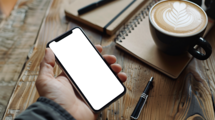 Man's hand holding a mobile phone with a latte art coffee cup next to it, a notebook and pen on the table, capturing the blend of traditional note-taking and modern technology usage.