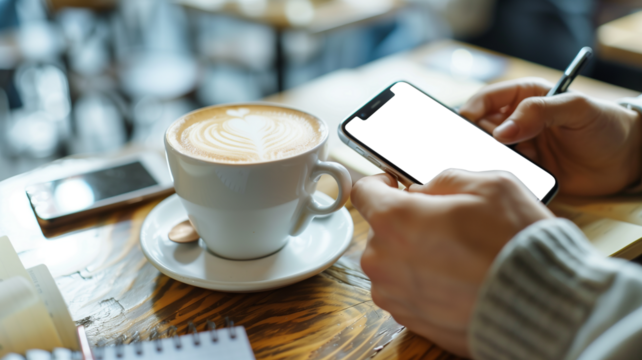 Man's hand holding a mobile phone with a latte art coffee cup next to it, a notebook and pen on the table, capturing the blend of traditional note-taking and modern technology usage.