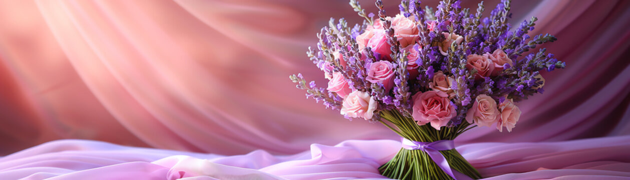 A beautiful bouquet of pink roses and lavender on a solid pink background.
