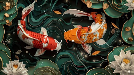 Fototapeta premium Two koi fish swim in the water, in the style of papercut art, a surrealistic illustration with a dark background and a fantasy whimsy sense. The surreal scene creates a three-dimensional sense of