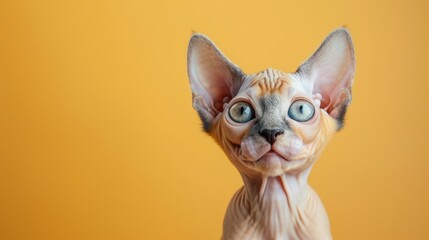 A cute Sphynx kitten on a solid pastel yellow background with space above for text