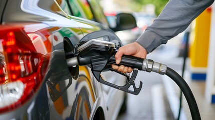 Fototapeta premium Person Filling Up Car With Gasoline At Modern Gas Pump On White Background