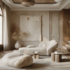 Exquisite apartment in soft neutral tones adorned with comfortable furnitre, elegent design and warm ambiance