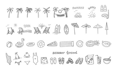 Large set of summer time theme elements. Beach, palms, SUP, surfboard, inflatable rubber circles, beach umbrella, flip flops. Travel design. Adventure. Hand drawn. Doodle style. Great for poster