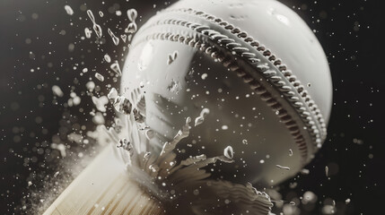 Extreme closeup of white colour cricket ball being smashed by a cricket bat with white dust and particles | Cricketing shot | Cricket bowler | Cricket batsman - Powered by Adobe