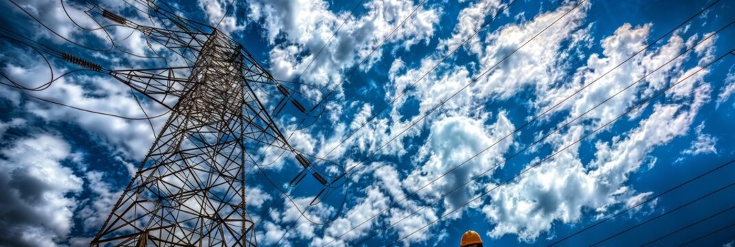 Experienced electrician carrying out maintenance work on a high voltage utility pole
