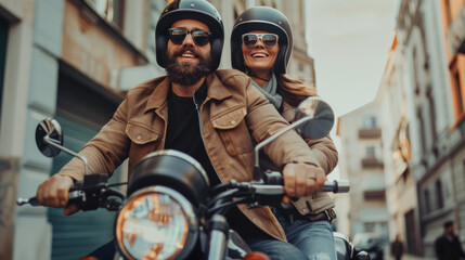 A bearded man and a smiling woman ride a motorcycle through a city street, their carefree joy beautifully captured in the warm afternoon light.