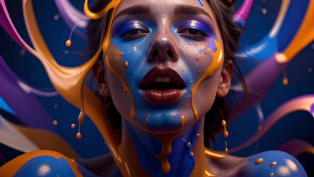Woman in ecstasy with paint falling on her body. Seamless loop of a girl doing an artistic performance with colorful paint.
