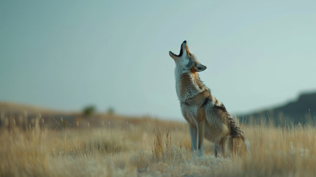 A solitary coyote howls in the tall golden grass under the vast, clear sky, capturing a moment of wild nature’s raw beauty and haunting call. - Powered by Adobe