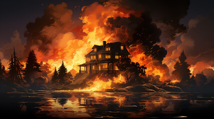 A single family engulfed in fire, transparent background