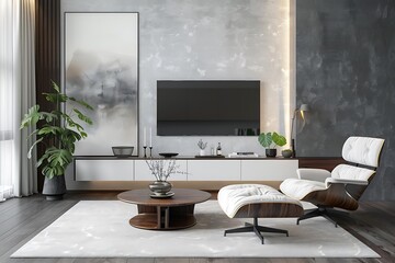 Modern interior design of living room with tv mock up on the wall, white and grey color scheme,